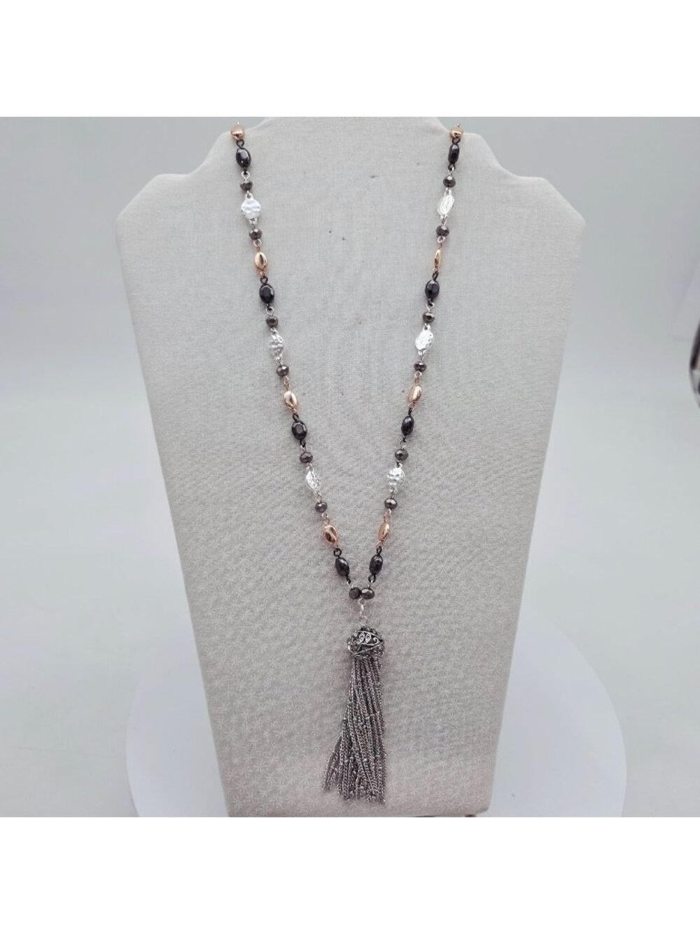 Nine West Multi-Tone Beaded Necklace Silver Tassel Pendant 36" Adjustable Length